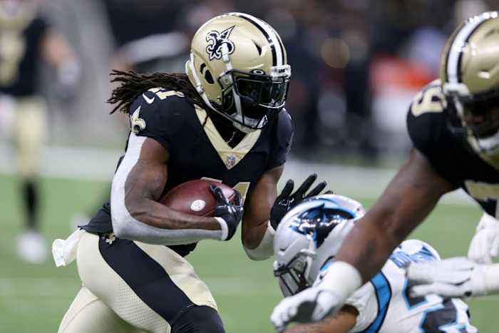 New Orleans Saints running back Alvin Kamara (41) runs against the Carolina Panthers. Mandatory Credit: Chuck Cook-USA TODAY Sports